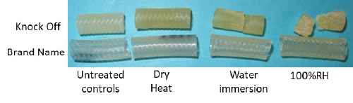 Figure 12 - Knock off and brand name TPU hoses after exposures at various environmental conditions.