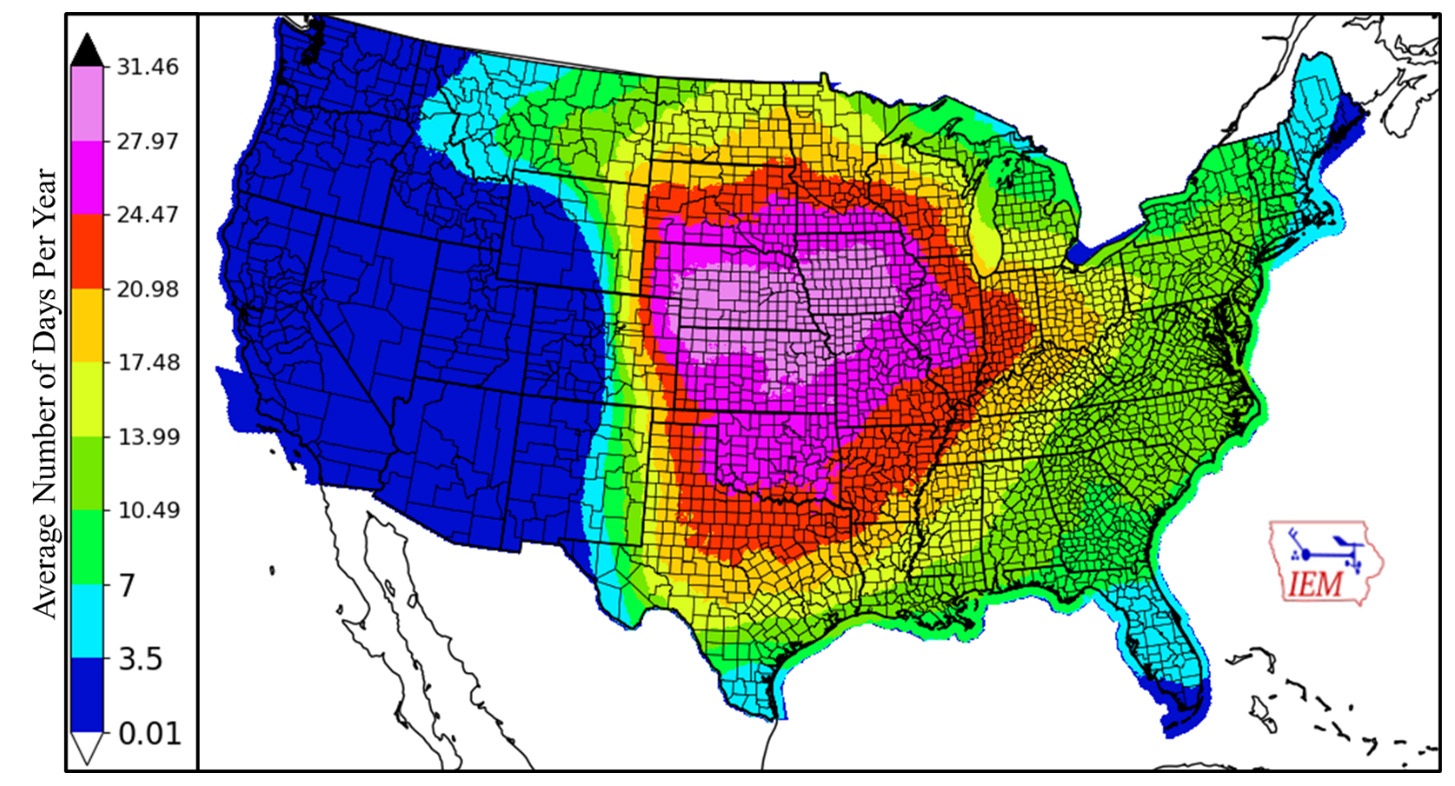 Figure 1: Frequency of severe hail risk (15% or higher chance of at least one-inch hail) between the years 2002-2023 (Source: NOAA; Iowa State University).