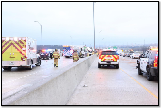 Figure 2: View of the I-35W crash scene on the morning of February 11, 2021, in Fort Worth, TX. Freezing precipitation occurred hours before the crash (Source: NTSB).