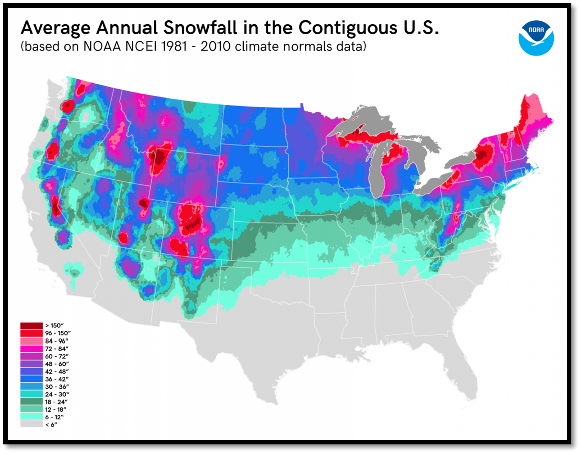 Figure 3: Average annual snowfall in the Contiguous United States (Source: NOAA).