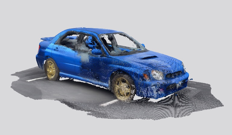 Figure 6 - An image of the resulting raw Scaniverse point cloud of the subject blue 2002 Subaru WRX.