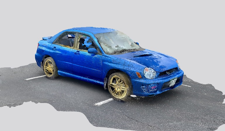 Figure 7 - An image of the resulting raw Polycam point cloud of the subject blue 2002 Subaru WRX.