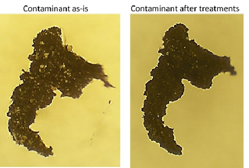 Figura 8: partícula negra extraída antes (izquierda) y después del tratamiento con HCl y enjuague con agua (derecha).